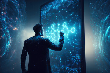 Aufkleber - Man works with futuristic dashboard, computer system with touch interface, generative AI