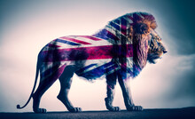 Lion And The Union Jack, Double Exposure Style Photography. Generative AI