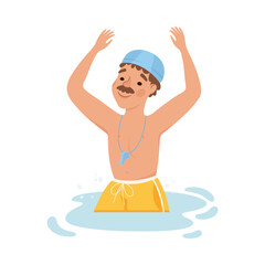 Sticker - Man Instructor in Swimming Pool in Cap with Whistle Vector Illustration