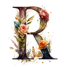 Letter R Monogram Watercolor Floral Wildflowers Weddings Isolated Blossom Bouquet Uppercase Capital Alphabet Initials Invitations Greeting Thank You Cards Poster Holiday Transparent Png Generative Ai