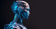 Artificial intelligence, humanoid cyber woman blue smart background. Digital technology and innovation big data concept banner. Generation AI