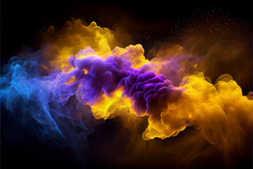 Wall Mural - Neon blue and periwinkle multicolored smoke puff cloud design elements on a dark background - generative ai