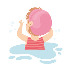 Sticker - Happy Girl in Swimming Pool Wearing Cap Splashing in Water Back View Vector Illustration