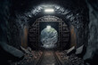 Abandoned coal mine, dark tunnel with trolley tracks. Generation AI