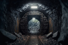 Abandoned Coal Mine, Dark Tunnel With Trolley Tracks. Generation AI
