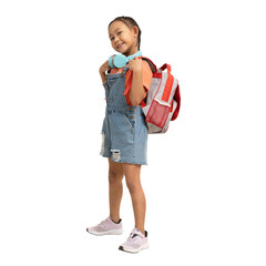 school girl, happy asian student school kid with backpack, full body portrait isolate background