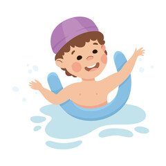 Sticker - Happy Boy in Swimming Pool Wearing Cap Splashing in Water with Noodle Vector Illustration