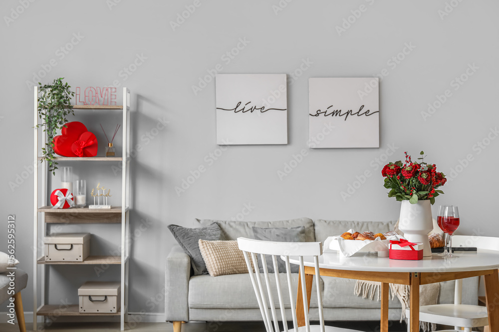 Interior of dining room decorated for Valentine's Day