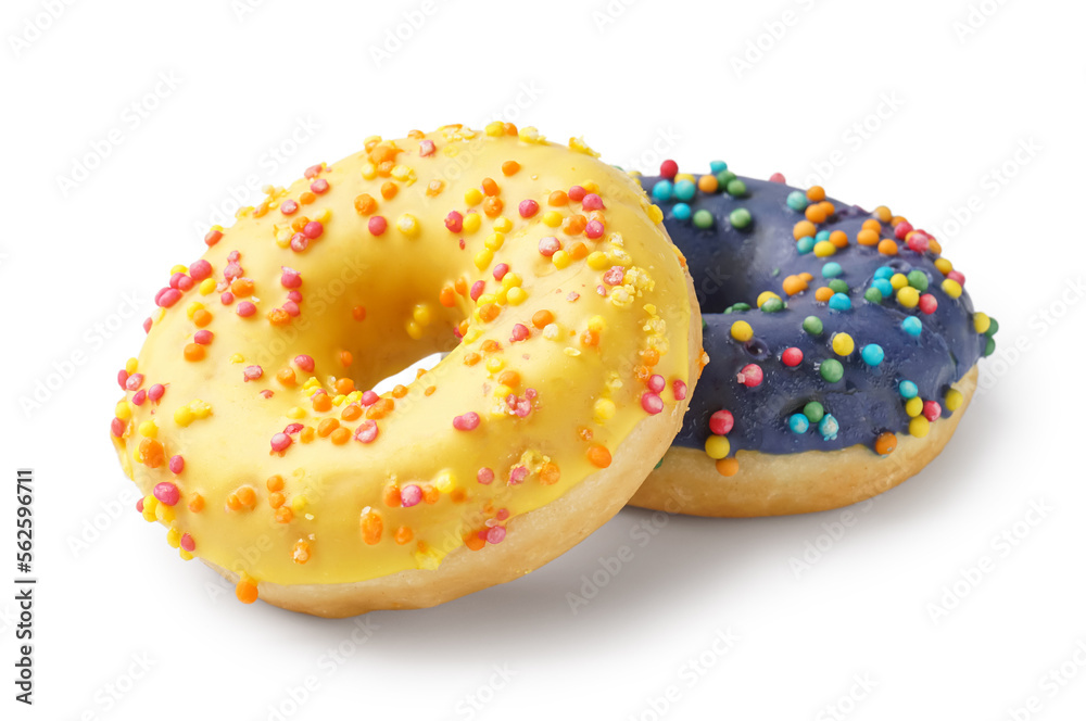 Tasty glazed donuts with sprinkles isolated on white background