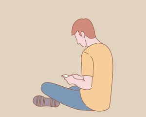 Poster - man sit down on floor view from behind side chek mobile phone with outline or line and clean simple people style