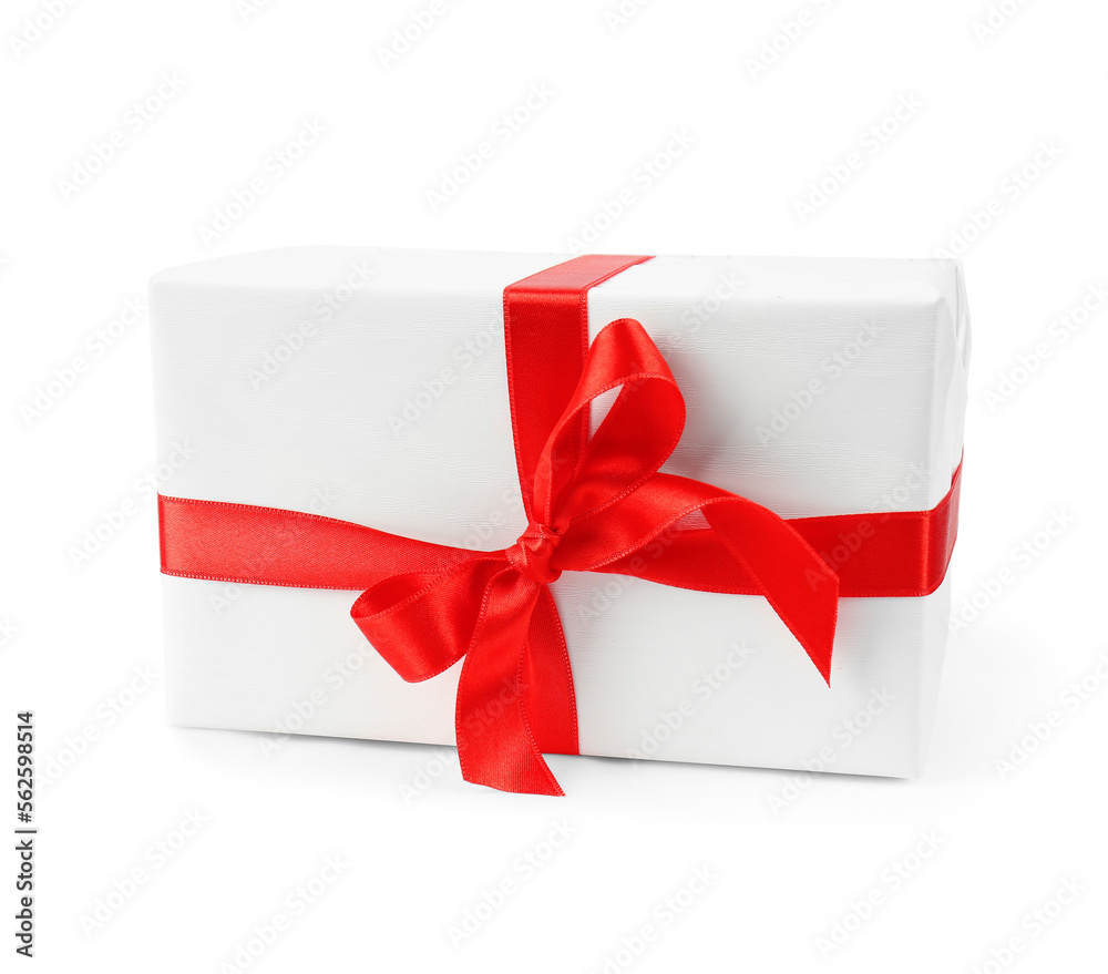Gift box with red satin ribbon isolated on white background. Valentine's Day celebration