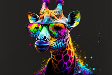 Art Neon. Giraffe With Hoodie And Colored Sunglasses. Colored. Art