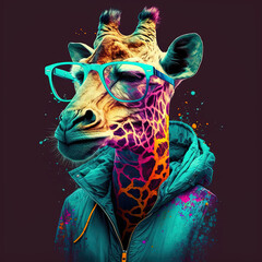 Wall Mural - art neon. giraffe with hoodie and colored sunglasses. colored. art