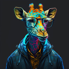 Wall Mural - art neon. giraffe with hoodie and colored sunglasses. colored. art