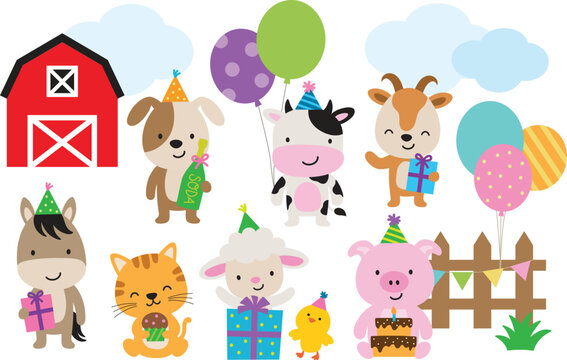 Fototapete - Farm barn animals having a birthday party vector illustration. Animals include a cow, dog, goat, horse, cat, sheep, chicken, and pig.