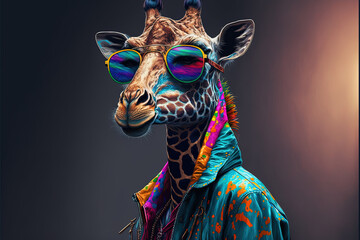 Sticker - art neon. giraffe with hoodie and colored sunglasses. colored. art