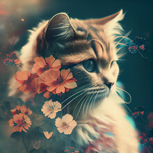 Close Up Cute Cat And Flower In Vintage Style. 
3d Render Digital Illustration