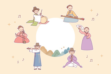 Wall Mural - Korean traditional music performance. Musicians are playing traditional instruments.