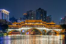Chengdu Anshun Bridge And Jinjiang River At Night, Sichuan Province, China