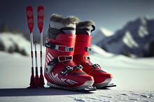Cross Country Skier's Equipment, Poles, And Red Boots Made With Generative Ai, Winter, Ski Sports