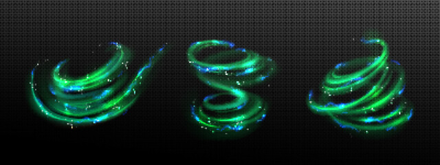 Poster - abstract green swirls set with blue lightning discharges png isolated on transparent background. rea