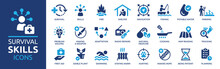 Survival Skills Icon Set. Containing Hunting, Cooking, Planning, First Aid, Fishing, Farming, Fire, Swimming, Problem Solving And Natural Medicine Icons. Solid Icon Collection.