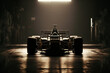 © ROYALE - front view silhouette of a modern generic sports racing car standing in a dark garage , generative AI