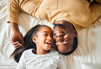 Poster - Black family, father and daughter love on a bed with a smile on face or laughing at funny memory. Above man and child together in home bedroom for bonding, support and care with safety and security