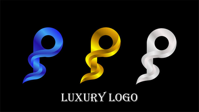 Luxury Letter P Logo in three colors blue, gold, gray with black background. Icon design vector illustration