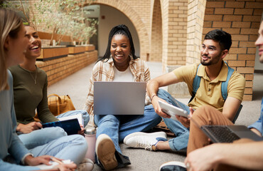 Aufkleber - Diversity, laptop and students on ground, conversation and connection for study session, brainstorming and group project. Academics, young people or friends sitting, talking and collaboration outdoor
