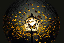  Yellow Street Lamp That Casts Light In A Circle While Black Butterflies. Generative AI	