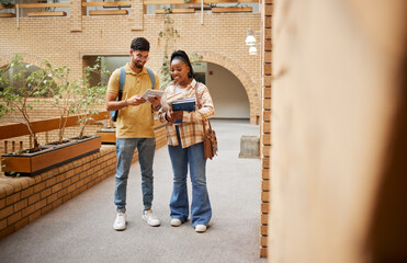 Aufkleber - Students, university and education, tablet and books for learning, scholarship and collaboration on campus. College with man and black woman study together, learn with diversity and academic goals