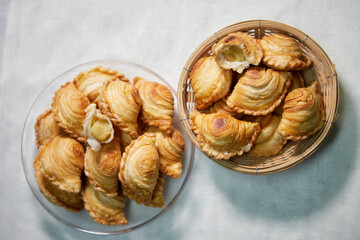 Wall Mural - Curry Puff stuffed with soybean in wicker basket