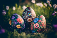 Postcard With Easter Decoration And Painted Colorful Easter Eggs In Beautiful Nature Landscape