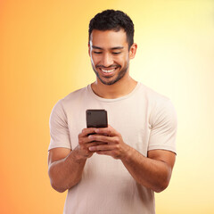 Poster - Man, studio and phone for social media, chat and online dating with smile, reading and happiness. Model, smartphone communication and texting app on social network ui and digital contact on internet
