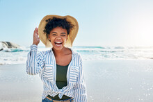 Beach, Summer And Portrait Of Black Woman With Smile On Holiday, Vacation And Weekend By Ocean. Travelling Lifestyle, Nature And Happy Girl Laugh, Relaxing And Enjoying Adventure, Freedom And Fun