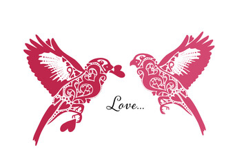 Wall Mural - Silhouette cute birds in love. Stylish card for Valentine day. Two graphic birds in love. Vector illustration