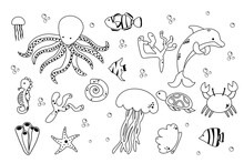 Underwater Animals Elements Set, Collection Of Coloring Book Template, The Group Of Outline Digital Elements Vector Illustration, Kid Educational Game Page. EPS