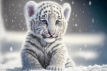 Cute Baby White Tiger On Snow , Generative Ai