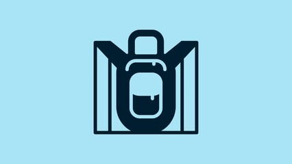 Sticker - Blue Hiking backpack icon isolated on blue background. Camping and mountain exploring backpack. 4K Video motion graphic animation