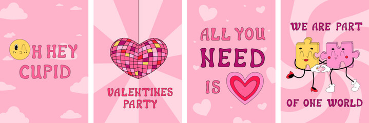 Retro cards on Valentine's Day. Groovy elements in cartoon style. Disco romantic vibe in vintage illustration