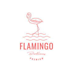 Canvas Print - flamingo bird walking water looking fish tall foot lines logo design vector icon illustration template