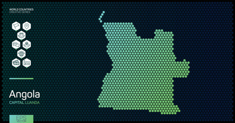 Wall Mural - abstract map of angola with hexagon cells with country data icons