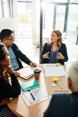 Poster - Strategy, question and planning of business people at meeting in corporate workplace together. Collaboration, brainstorming and explanation of idea with interracial employees in business meeting