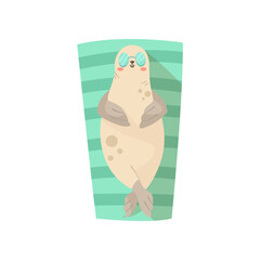 Wall Mural - Seal cartoon character sunbathing vector illustration. Summer resort, funny comic wild animal in sunglasses relaxing on beach towel on white background. Wildlife, vacation concept