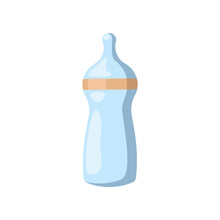 Blue Baby Milk Bottle For Little Boy Or Girl Vector Illustration. Cartoon Drawing Of Newborn Baby Accessory Isolated On White Background. Childhood, Maternity, Birthday Concept