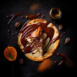 delicious crepe folded in chocolate and caramel with chocolate splashes on dark background top view, food photography, packshot photo, food styling