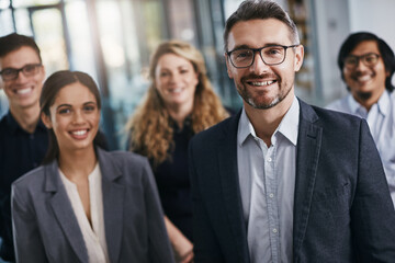 Aufkleber - Business team, group portrait and happy people in a corporate office ready for collaboration. Teamwork, company strategy and smile with lens flare of employee leadership group with happiness