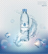 Transparent realistic vector mineral water plastic bottle with water splash, drops and ice cubes on blue background 
