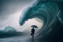 Man With An Umbrella Standing In The Midst Of A Huge Wave That Is Rushing In Front Of Him, Digital Art Style, Illustration Painting, Ai Style